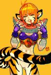  1girl animal_ears artist_name breasts breath_of_fire breath_of_fire_ii bustier cat_ears commentary facial_mark gloves green_eyes highres looking_at_viewer navel orange_hair pointy_ears rinpoo_chuan short_hair simple_background solo tail tiger_stripes tiger_tail yoshikawa_tatsuya 