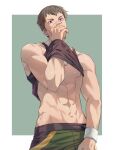  1boy abs armband bara bare_pectorals brown_hair brown_tank_top clothes_lift ddingdong77 hand_on_own_face hand_under_clothes highres male_focus muscular muscular_male nipples original pants pectorals purple_eyes shirt_lift short_hair sideburns simple_background solo tank_top 