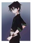  1boy belt black_hair black_jacket black_pants brown_belt closed_mouth collared_shirt cowboy_shot green_eyes highres jacket lin_05zz long_sleeves looking_at_viewer male_focus pants parted_bangs shirt solo volcano_princess white_shirt wing_collar ze_(volcano_princess) 