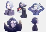  1boy amethio_(pokemon) awase_tsukasa black_gloves black_jacket black_necktie black_ribbon bright_pupils buttons collared_shirt commentary_request corviknight gloves hands_up highres jacket long_sleeves looking_at_viewer loose_hair_strand male_focus multicolored_hair multiple_views neck_ribbon necktie poke_ball poke_ball_(basic) pokemon pokemon_(anime) pokemon_(creature) pokemon_horizons purple_eyes ribbon shirt short_hair throwing white_pupils 