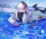  1boy abstract_background arknights arm_support black_footwear black_hair black_pants blue_background coat colored_eyelashes drawing elysium_(arknights) feather_hair grey_eyes half-closed_eyes highres holding holding_pen lab_coat long_hair long_sleeves lying male_focus multicolored_hair on_stomach pants pen red_hair solo streaked_hair the_pose white_coat white_hair zzzoeeeeeee 