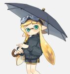  1girl aqua_eyes black_shorts blonde_hair blush daidaiika dolphin_shorts goggles goggles_on_head grey_background holding holding_umbrella inkling inkling_girl looking_at_viewer pointy_ears shorts simple_background solo splatoon_(series) sweater tentacle_hair umbrella 