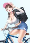  1girl :o arm_up backpack bag baseball_cap bicycle blue_skirt blush bra_visible_through_clothes breasts brown_eyes brown_hair cleavage commentary_request delivery denim denim_skirt earclip feet_out_of_frame hand_on_headwear hat highres large_breasts light_blue_background looking_at_viewer low_twintails midriff miniskirt open_mouth original panties pantyshot pink_headwear riding riding_bicycle scoop_neck shirt simple_background skirt sleeves_pushed_up solo takapin teeth twintails underwear upper_teeth_only watch white_panties white_shirt wristwatch 
