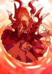  1girl demon_ears demon_girl demon_wings flower funamusea highres holding holding_flower long_hair long_sleeves looking_at_viewer looking_up orange_eyes pink_hair pointy_ears red_flower red_rose red_skirt reiko_(crime) rosaliya_phantomrose rose shirt sketch skirt solo white_shirt wings 