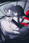  1boy 1girl absurdly_long_hair belt collared_shirt constricted_pupils eye_contact face-to-face hair_around_neck hetero highres long_hair looking_at_another monochrome original parted_lips red_nails red_serafuku sailor_collar school_uniform serafuku shirt sleeves_past_wrists smile spot_color sweatdrop upper_body very_long_hair wannyanpu yandere yorumachi_ruin_(vocaloid) 