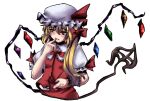  1girl blonde_hair blood blood_from_mouth blood_on_face blood_on_hands buttons collared_shirt cropped_torso flandre_scarlet frilled_shirt_collar frilled_sleeves frills hair_between_eyes hat laevatein_(touhou) long_hair magukappu mob_cap multicolored_wings one_side_up puffy_short_sleeves puffy_sleeves red_eyes red_skirt red_vest shirt short_sleeves simple_background skirt solo touhou upper_body vest white_background white_headwear white_shirt wings 