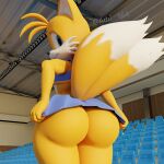  adri164 anthro big_butt black_nose blue_clothing blue_eyes butt canid canine clothing female fox fur hi_res looking_at_viewer looking_back mammal miles_prower multicolored_body rear_view sega solo sonic_the_hedgehog_(series) thick_thighs yellow_body yellow_fur 