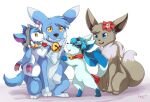  2016 3_fingers 3_toes all_fours bell bell_collar bipedal_feral black_nose blue_body blue_eyes blue_fur blue_hair brown_body brown_fur cel_(glaceon) churroshiba clenched_teeth clothing collar collar_ring eevee eeveelution eyewear eyewear_on_head fakemon family feet female feral fingers flower fur generation_1_pokemon generation_4_pokemon generation_6_pokemon glaceon goggles goggles_on_head green_eyes grey_body grey_fur group hair hoodie jewelry looking_at_another looking_at_viewer mac_(shrike_alvaron) male mist_(eevee) neck_tuft nintendo on_knee open_mouth paws pikachu plant pokemon pokemon_(species) sai_(sylveon) shiny_pokemon simple_background sylveon teeth toes tongue topwear tuft white_body white_fur yellow_eyes 