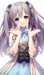  1girl bow bowtie dress grey_hair hair_between_eyes hands_up idolmaster open_mouth purple_eyes simple_background solo suimya twintails white_background white_dress yukoku_kiriko 