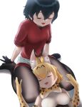  2girls :3 animal_ears bare_shoulders beleven black_gloves black_hair black_pantyhose blonde_hair blush bow bowtie cat_ears cat_girl closed_eyes elbow_gloves extra_ears gloves grey_shorts hair_between_eyes highres kaban_(kemono_friends) kemono_friends lap_pillow multiple_girls no_headwear no_shoes open_mouth pantyhose print_bow print_bowtie print_gloves red_shirt serval_(kemono_friends) serval_print shirt short_hair short_sleeves shorts sidelocks sleeping t-shirt white_shirt 