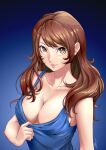  1girl albyee alternate_costume alternate_hairstyle blue_background blue_shirt breasts brown_eyes brown_hair cleavage clothes_pull collarbone commentary commission english_commentary eyelashes gradient_background kujikawa_rise large_breasts lips long_hair looking_at_viewer parted_bangs parted_lips persona persona_4 shiny_skin shirt shirt_pull sideboob sidelocks signature sleeveless sleeveless_shirt solo swept_bangs upper_body 