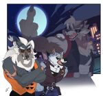  absurd_res anthro canid canine canis duo eyewear eyewear_on_head freddy_(dislyte) gerardson gesture hair hi_res leather male mammal middle_finger muscular old ponytail scar sunglasses sunglasses_on_head were werecanid werecanine werewolf wolf wolfgang_(smash_legends) 