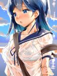  arms_behind_back between_breasts black_hair blue_eyes blue_neckerchief blue_sailor_collar blue_sky bra bra_visible_through_clothes breasts cloud day igarashi_mangou kantai_collection long_hair neckerchief one-hour_drawing_challenge open_mouth outdoors sailor_collar school_uniform serafuku shirt sky strap_between_breasts teeth underwear upper_teeth_only ushio_(kancolle) white_bra white_shirt 