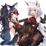  2girls :d absurdres animal_ear_fluff animal_ears aqua_eyes bare_shoulders black_gloves black_hair black_leotard bodystocking braid breasts brown_pantyhose cosplay covered_navel elbow_gloves fox_ears fox_girl fox_tail gloves hair_between_eyes hair_ornament hairclip highres hololive houshou_marine houshou_marine_(cosplay) lace-trimmed_leotard lace_trim leotard leotard_under_clothes long_hair medium_breasts multicolored_hair multiple_girls ookami_mio open_mouth pantyhose ponytail red_hair shirakami_fubuki side_braid simple_background sitting smile streaked_hair tail tako_8_yaki very_long_hair virtual_youtuber white_background white_hair wolf_ears wolf_girl yellow_eyes 