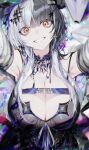  1girl absurdres black_hair breasts chyan cleavage hair_ornament highres hololive hololive_english large_breasts long_hair looking_at_viewer multicolored_hair selfie shiori_novella smile solo split-color_hair two-tone_hair upper_body virtual_youtuber white_hair yellow_eyes 
