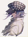  1boy alternate_costume black_headwear checkered_clothes checkered_headwear closed_mouth cropped_torso danganronpa_(series) danganronpa_v3:_killing_harmony flipped_hair from_side grey_jacket highres jacket looking_at_viewer male_focus medium_hair oma_kokichi pink_eyes simple_background solo urami0310 white_background 