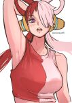  1girl aosora2823 arm_up armpits asymmetrical_bangs blush breasts commentary grey_hair hair_over_one_eye hair_rings highres large_breasts long_hair looking_at_viewer multicolored_hair one_eye_covered one_piece pink_eyes presenting_armpit red_hair simple_background solo split-color_hair twintails twitter_username two-tone_tank_top upper_body uta_(one_piece) very_long_hair white_background 