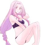  1girl bikini black_bikini commentary fate/stay_night fate_(series) feet_out_of_frame forehead long_hair looking_at_viewer medusa_(fate) medusa_(rider)_(fate) purple_eyes purple_hair simple_background smile solo souta_(souta3a) swimsuit thighs very_long_hair white_background 