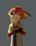  :i anthro canid canine clothing disney ears_back eyebrows famished_(artist) fox fur green_clothing grey_background hands_together hi_res male mammal necktie nick_wilde pivoted_ears raised_eyebrow red_body red_fur simple_background solo zootopia 