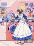  1girl 1other apron blue_eyes brown_eyes brown_hair can coca-cola commentary_request cup elbow_rest facing_animal facing_to_the_side hand_on_own_chin hand_on_own_face highres holding holding_can holding_cup keishin laundry_basket looking_to_the_side maid maid_headdress open_mouth original plant potted_plant slippers standing washing_machine white_apron 