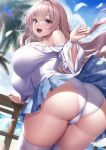  1girl ass bare_shoulders blue_eyes blue_skirt blue_sky blush breasts floral_print highres ken_ill large_breasts light_brown_hair long_hair long_sleeves looking_at_viewer looking_back off_shoulder open_mouth original palm_tree panties puffy_long_sleeves puffy_sleeves shirt skirt sky smile solo thighhighs thighs tree underwear white_panties white_shirt white_thighhighs 