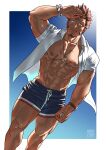  1boy abs bara bare_pectorals blue_eyes blue_male_swimwear bracelet closed_mouth facial_hair fate/grand_order fate_(series) goatee highres jewelry large_pectorals long_sideburns male_focus male_swimwear monmonhomon muscular muscular_male napoleon_bonaparte_(fate) navel nipples open_clothes open_shirt pectorals shirt sideburns smile solo watch white_shirt wristwatch 