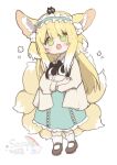  1girl animal_ears arknights blonde_hair blush brown_footwear cardigan cheng_junyun chinese_commentary colored_tips commentary_request crossover fox_ears fox_girl fox_tail full_body green_eyes green_skirt grey_cardigan heixiu highres kitsune kyuubi long_hair long_sleeves looking_at_viewer luo_xiaohei_zhanji mary_janes multicolored_hair multiple_tails open_mouth shoes simple_background skirt socks suzuran_(arknights) tail two-tone_hair white_background white_hair white_socks 