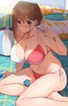  1girl ball beachball bikini blush breasts brown_eyes brown_hair collarbone highres large_breasts looking_at_viewer lotion mole mole_under_eye navel ol-chan_(udon) original side-tie_bikini_bottom sitting solo sunscreen sweat swimsuit thighs udon_(udonalium) 