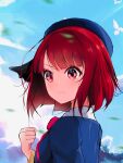  1girl absurdres arima_kana blue_headwear blue_sky blue_vest bob_cut closed_mouth cloud cloudy_sky collar hat hat_ribbon highres inverted_bob looking_to_the_side oshi_no_ko red_eyes red_hair ribbon school_uniform short_hair sky solo user_faxh7587 vest white_collar youtou_high_school_uniform 
