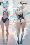  1girl ai-generated animal_ears ass blush body_pillow breasts fox_ears highres legs looking_at_viewer navel non-web_source pale_skin pillow shiny_skin short_hair small_breasts solo stomach thighs 
