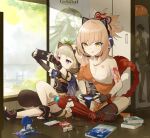  2girls :q absurdres aether_(genshin_impact) alhaitham_(genshin_impact) animal_crossing animal_ear_headphones animal_ears anya_(spy_x_family) architecture arm_guards arm_tattoo ass asymmetrical_legwear bandaged_arm bandages bangs banner bike_shorts black_gloves black_scarf blunt_bangs blurry breasts cameo cat_ear_headphones character_doll chest_tattoo choker cleavage collarbone commentary controller cover crossover dakimakura_(object) depth_of_field dualshock east_asian_architecture english_commentary eyeshadow fake_animal_ears fake_tail fingerless_gloves food full_body game_controller gamepad genshin_impact geta gloves grey_hair hadanugi_dousa hair_between_eyes hair_ornament handheld_game_console headphones headset highres holding holding_controller holding_game_controller holding_handheld_game_console indian_style indoors japanese_clothes juffles knee_up leaf leaf_on_head light_brown_hair long_hair long_sleeves lumine_(genshin_impact) makeup manga_(object) medium_hair multiple_girls ninja nintendo_switch obi obiage package pillow playing_games playstation_controller pocky purple_eyes raccoon_ears raccoon_hood raccoon_tail raiden_shogun rope sarashi sash sayu_(genshin_impact) scarf shimenawa short_sleeves shuriken sidelocks single_glove sitting slime_(genshin_impact) spy_x_family statue stuffed_animal stuffed_toy tail tattoo tongue tongue_out video_game_cover vision_(genshin_impact) weapon wide_sleeves wooden_floor yellow_eyes yoimiya_(genshin_impact) zhongli_(genshin_impact) 