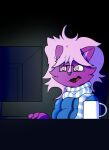  ahoge anthro blue_scarf chazster coffee_mug desk disgust disgusted_face eyewear furniture glasses hair hi_res male mammal mephitid monitor pink_eyes pink_hair puffy_jacket purple_body reaction_image residays scarf skunk solo table tongue white_scarf 