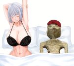  1boy 1girl after_sex arm_behind_head armpits bed bedroom beret black_bra bra breasts cleavage closed_eyes closed_mouth collarbone commander_(girls&#039;_frontline) cyka girls&#039;_frontline hand_up hat highres huge_breasts large_breasts lying medium_hair meme mexico_ufo_alien_bodies_hearing_(meme) navel on_bed pillow rpk-16_(girls&#039;_frontline) smile underwear white_background white_hair 