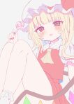  10_no_cut 1girl :p ascot blonde_hair blunt_bangs bobby_socks candy collared_shirt feet_out_of_frame flandre_scarlet food frilled_sleeves frills hat hat_ribbon head_tilt highres holding holding_candy holding_food holding_lollipop lollipop looking_at_viewer multicolored_wings nail_polish no_shoes one_side_up puffy_short_sleeves puffy_sleeves red_eyes red_nails red_ribbon red_skirt red_vest ribbon shirt short_sleeves simple_background skirt sleeve_ribbon socks solo thighs tongue tongue_out touhou vest white_background white_headwear white_shirt white_socks wings yellow_ascot 