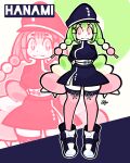  +_+ 1girl absurdres black_dress black_footwear bourbunbun character_name dango dress food green_hair hair_as_food hanami_(bourbunbun) highres looking_at_viewer original outline pink_eyes pink_thighhighs sanshoku_dango shoes solo standing thighhighs twintails wagashi white_outline zoom_layer 