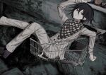  1boy absurdres arm_up black_background black_hair buttons checkered_clothes checkered_scarf danganronpa_(series) danganronpa_v3:_killing_harmony double-breasted from_side grey_background grey_jacket grey_pants hair_between_eyes highres jacket long_sleeves looking_at_viewer oma_kokichi open_mouth pants purple_eyes scarf shoes shopping_cart solo torn_jacket wa_noko 