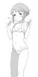  1girl :o bikini blush collarbone commentary dot_nose double_v flat_chest frilled_bikini frills greyscale hands_up heart highres idolmaster idolmaster_million_live! looking_at_viewer makabe_mizuki minazuki_tooru monochrome navel short_hair sidelocks solo standing stomach swimsuit symbol-only_commentary thighs v wavy_hair white_background 