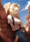  1girl android_18 belt belt_buckle black_vest blonde_hair blue_pants blue_sky breasts brown_gloves buckle cleavage closed_mouth dragon_ball dragon_ball_z earrings expressionless fagi_(kakikaki) gloves highres jewelry looking_at_viewer necklace outdoors pants pearl_necklace shirt short_sleeves sky solo vest white_shirt 