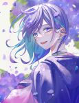  1boy absurdres aqua_hair blush choker crossdressing highres looking_at_viewer looking_back male_focus medium_hair miya_(38magical) open_mouth paradox_live phantometal_(paradox_live) purple_eyes purple_hair purple_petals purple_shirt shirt smile solo twitter_username white_choker yatonokami_kanata 