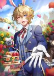  2boys :d alice_in_wonderland animal_ears arch beckoning bicorne black_headwear black_jacket blonde_hair blue_coat blue_eyes blue_pants blue_vest bungou_to_alchemist bush buttons cake castle chair closed_eyes cloud coat collared_shirt conan_doyle_(bungou_to_alchemist) cosplay cowboy_shot cowlick day dessert falling_petals floral_arch flower food gloves grey_hair hair_between_eyes hat hat_feather heterochromia highres holding holding_tiered_tray jacket lapels lewis_carroll_(bungou_to_alchemist) light_particles light_rays long_sleeves male_focus multiple_boys neck_ribbon notched_lapels pants petals pink_flower pink_rose rabbit_ears red_flower red_ribbon red_rose red_sash ribbon rose rose_bush sandwich sash scone shirt short_hair smile solo_focus sparkle standing striped striped_ribbon striped_vest table tailcoat tiered_tray tukisaya vertical-striped_vest vertical_stripes vest white_gloves white_rabbit_(alice_in_wonderland) white_rabbit_(alice_in_wonderland)_(cosplay) white_shirt yellow_eyes yellow_flower yellow_rose 