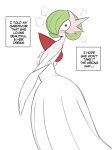  absurd_res blush chest_spike clothing dress ellipsis english_text female gloves green_hair hair handwear hi_res humanoid looking_at_viewer mega_evolution mega_gardevoir nintendo not_furry pokemon pokemon_(species) red_eyes saltyxodium solo spikes spikes_(anatomy) text white_body 