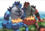  2023 anthro arm_support back_muscles biceps big_butt butt claws duo fangs finger_claws fur generation_7_pokemon grass incineroar looking_at_viewer looking_back male muscular muscular_anthro muscular_male naschethelion nintendo nude outside plant pokemon pokemon_(species) quads rear_view sharp_teeth shiny_pokemon shoreline sitting teeth triceps water 