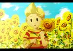  1boy black_eyes blonde_hair blue_sky field flower flower_field holding holding_flower iyoha_38 letterboxed lucas_(mother_3) male_focus mother_(game) mother_3 open_mouth quiff shirt short_hair sky solid_oval_eyes solo striped striped_shirt sunflower yellow_flower 