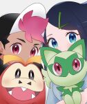  1boy 1girl aqua_eyes black_hair black_headwear commentary_request dark-skinned_male dark_skin eyelashes fuecoco hair_ornament hairclip hat highres holding holding_pokemon liko_(pokemon) looking_at_viewer pink_eyes pink_hair pokemon pokemon_(anime) pokemon_(creature) pokemon_horizons rei_hinketsu roy_(pokemon) short_hair sprigatito upper_body 