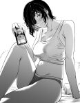  1girl alcohol ass beer beer_can black_hair blush breasts can chainsaw_man cleavage eyepatch greyscale highres himeno_(chainsaw_man) large_breasts looking_at_viewer monochrome navel panties short_hair simple_background sitting smile solo thighs underwear yode 
