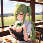  blush elf food green_hair nipples non-web_source open_clothes open_mouth open_shirt pointy_ears shirt sitting twintails 