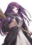  1girl black_coat blunt_bangs breasts coat dress fern_(sousou_no_frieren) hair_pulled_back highres holding holding_staff kouhiipan large_breasts long_hair mage_staff purple_eyes purple_hair purple_pupils solo sousou_no_frieren staff straight_hair white_background white_dress 