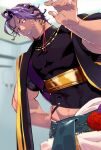  1boy black_shirt cropped_shirt duryodhana_(fate) earrings facial_hair fate/grand_order fate_(series) goatee hand_on_own_hip highres imoda indian_clothes jewelry looking_at_viewer male_focus mature_male muscular muscular_male navel necklace pectorals purple_eyes purple_hair sash shirt short_hair shoulder_sash single_earring smile 