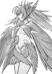  1girl absurdres breasts feather_hair feathered_wings harpy head_wings highres ippei_ipip long_hair low_wings medium_breasts monochrome monster_girl nude original simple_background solo underboob wing_censor winged_arms wings 