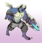  2017 2_horns abs absolum anthro artist_logo beard behemoth_(ff) bel biceps black_horn blade_arm blue_body blue_eyes blue_fur bottomwear claws clothing collar deltoids facial_hair final_fantasy finger_claws fur grey_bottomwear grey_clothing grey_shorts hair hi_res holding_object holding_weapon horn logo male muscular muscular_anthro muscular_male navel obliques pecs pulse_(behemoth_pulse) shorts solo square_enix tail_mane toe_claws weapon white_hair 